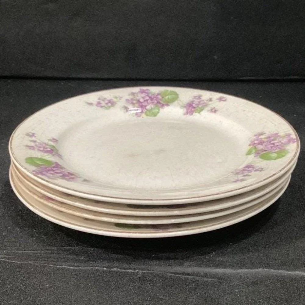 Canonsburg Violet Dessert Plates,‎ Set of 4, Purple Flowers, Vintage USA Pottery